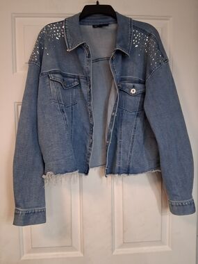 INC International Concepts Light Blue Jean Studded Distressed Denim Jacket XL